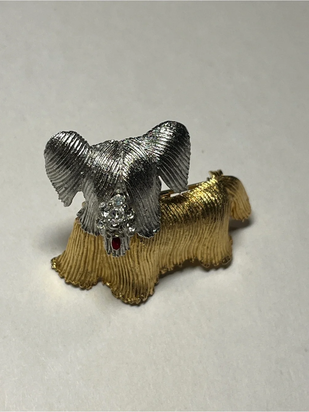 VTG Puppy Dog Brooch, Gold- & Silver-Toned, 6 Rhinestones & Red Enamel Tongue